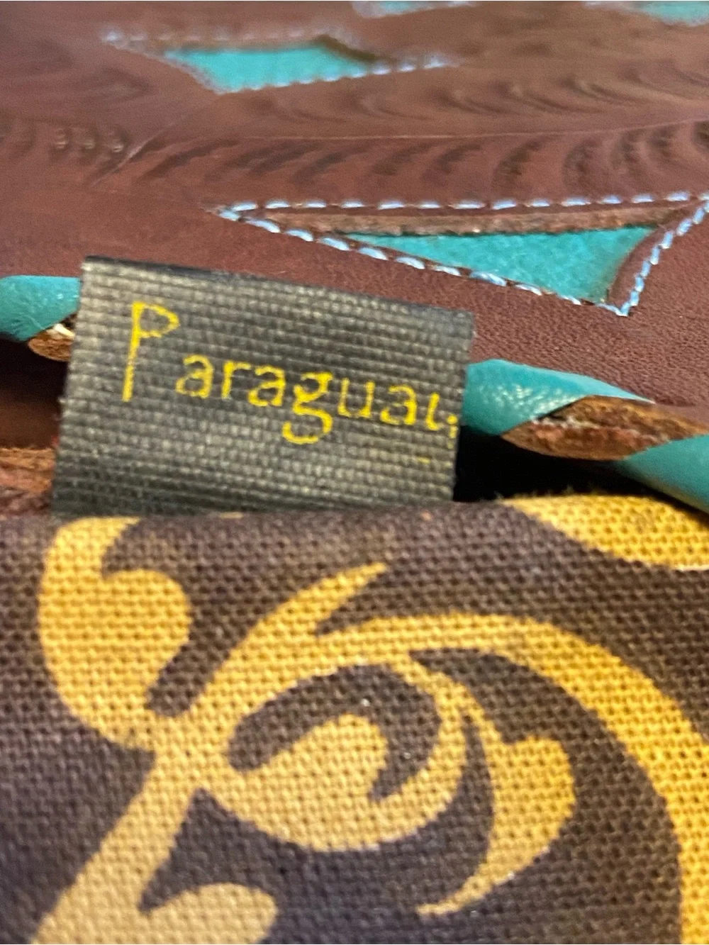 Leaders in Leather Paraguay Handbag Hand Tooled Cutout Satchel Brown Teal EUC